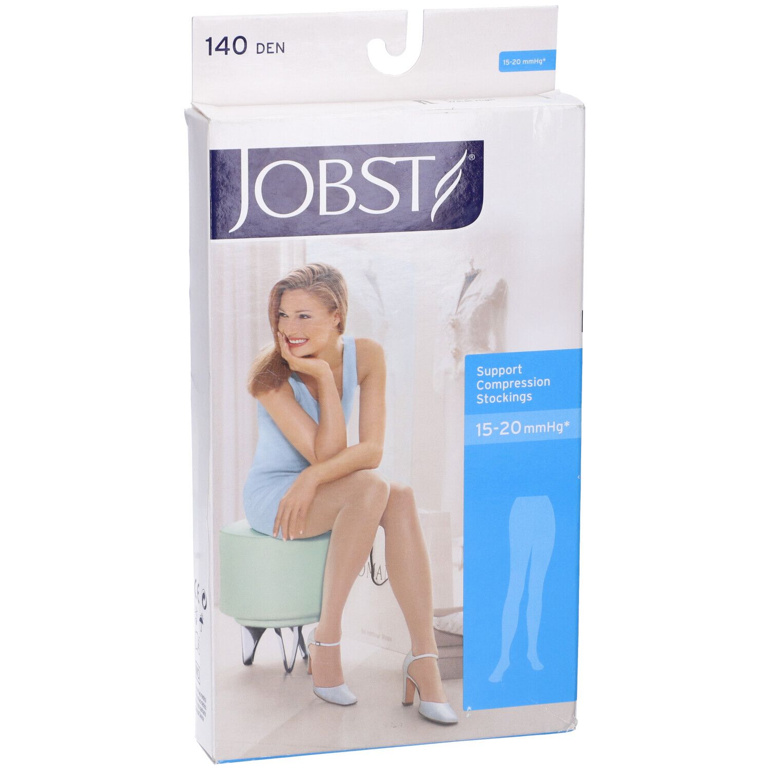 Confezione JOBST con donna su sgabello. Calze compressive, 15-20 mmHg, 140 DEN.