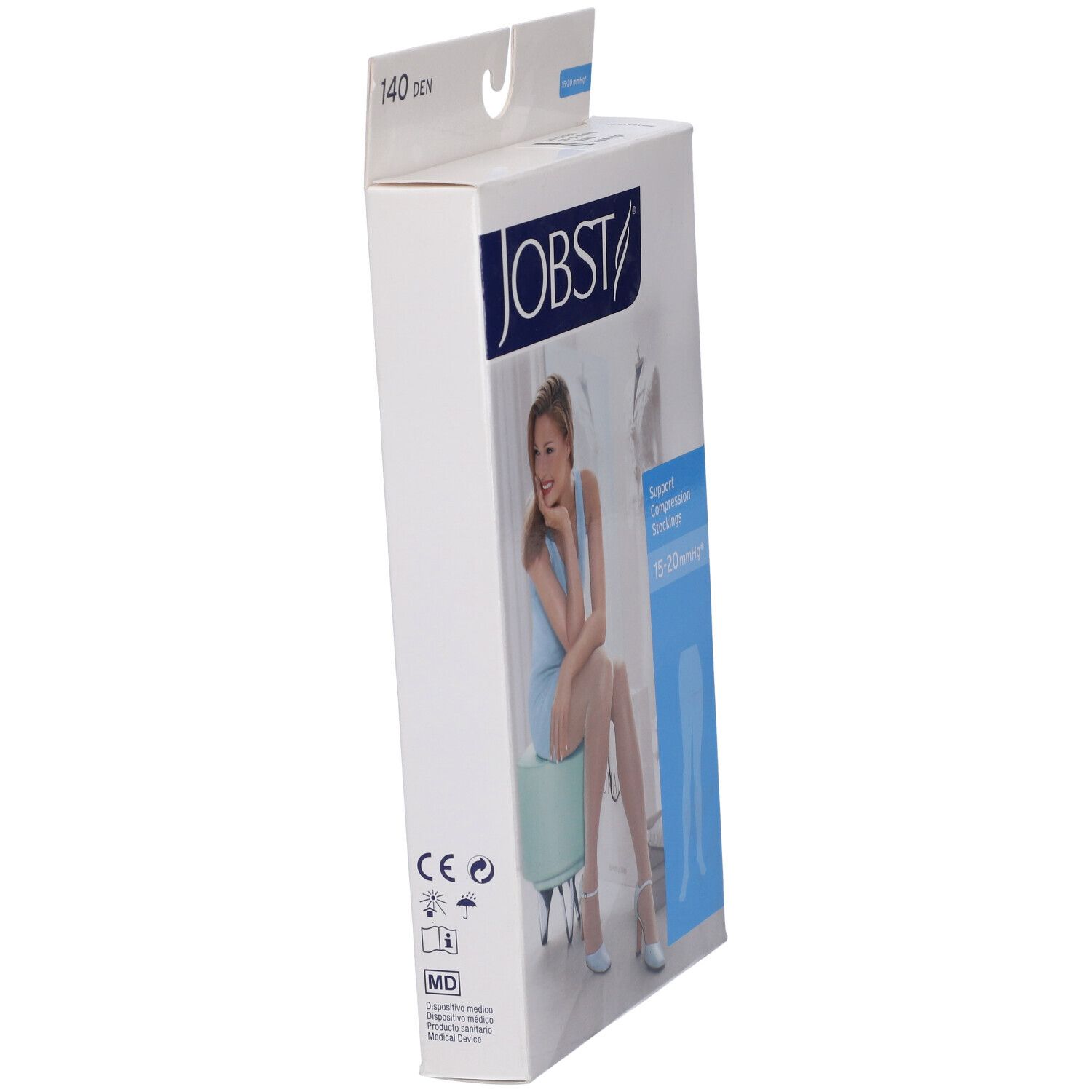 Confezione JOBST, vista laterale. Donna seduta su sgabello. Scritto: calze a compressione. Marchio CE.