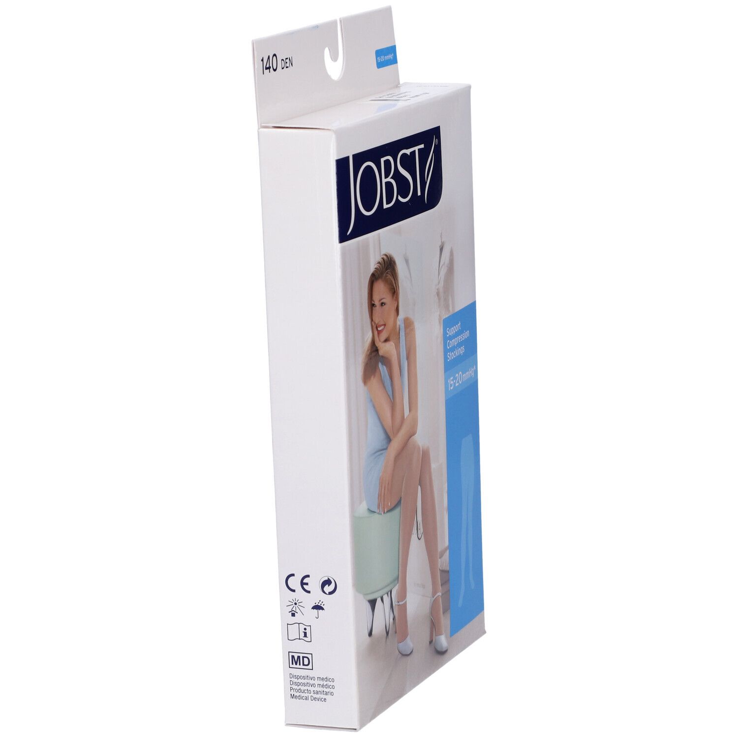 Vista laterale della confezione JOBST. Testo: JOBST, Support Compression Stockings. Illustrazione calze.