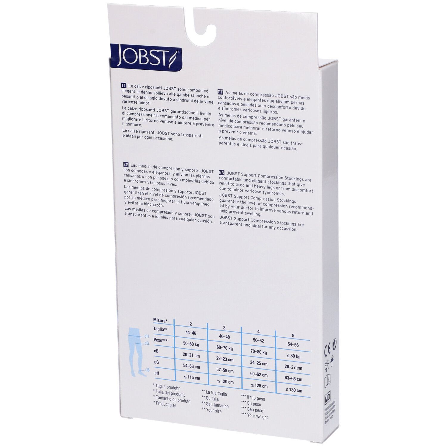 Retro della confezione JOBST. Testo multilingue. Tabella taglie calze.