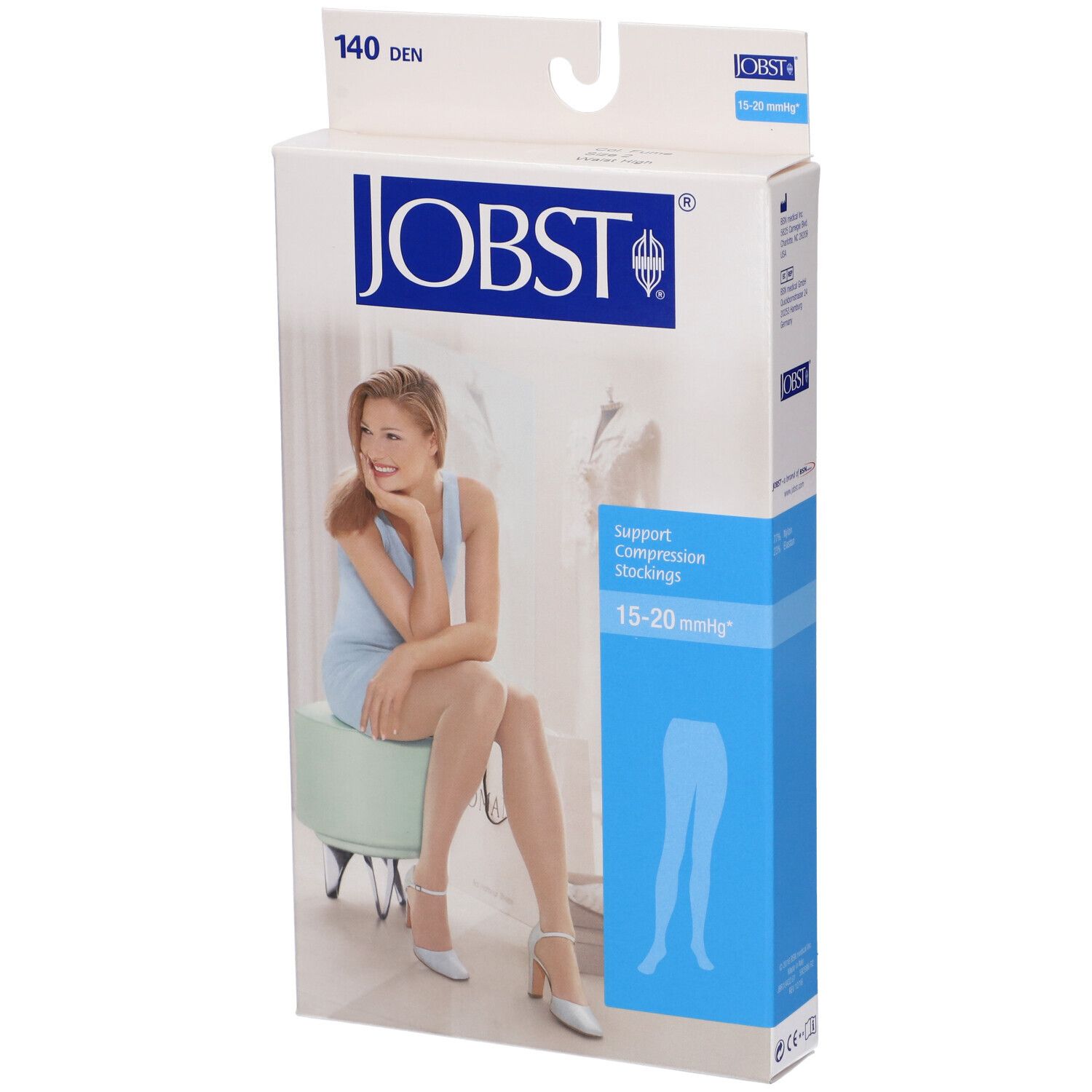 Confezione JOBST. Scritta: 140 DEN, logo JOBST, calze a compressione 15-20 mmHg. Donna seduta su sgabello, indossa calze.