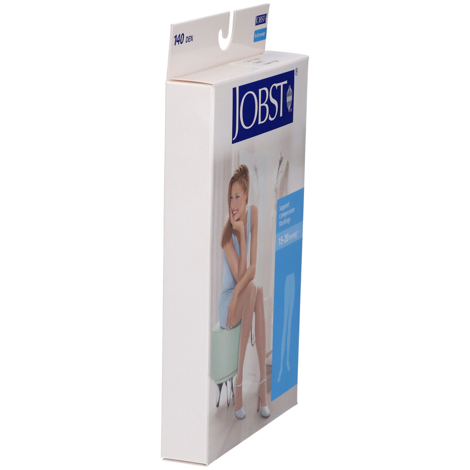 Confezione JOBST, vista laterale. Scritta: logo JOBST, calze a compressione 15-20 mmHg. Donna seduta su sgabello, indossa calze.