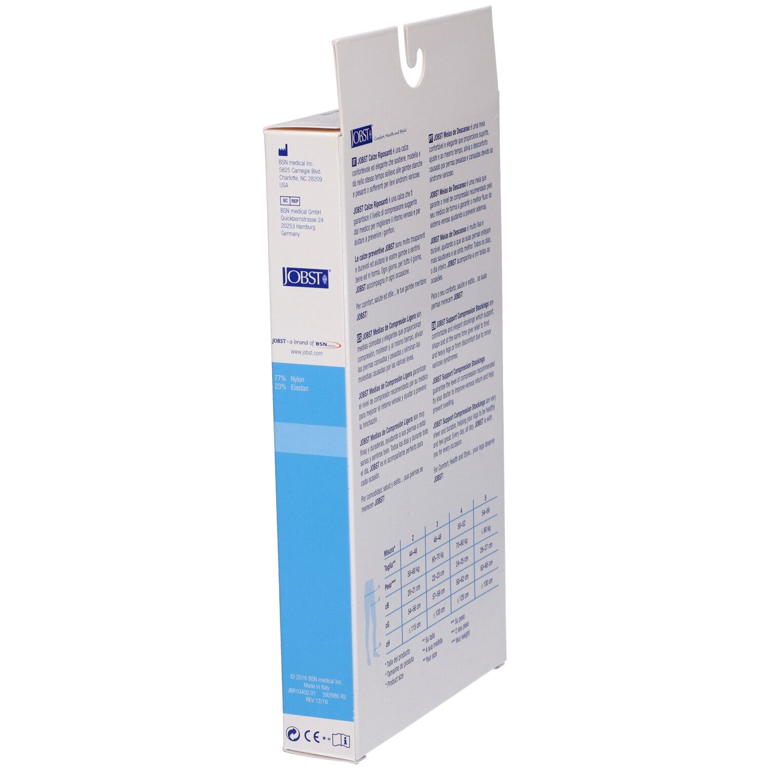Lato della confezione JOBST. Testo in tedesco, italiano, olandese e inglese. Tabella taglie per calze a compressione.