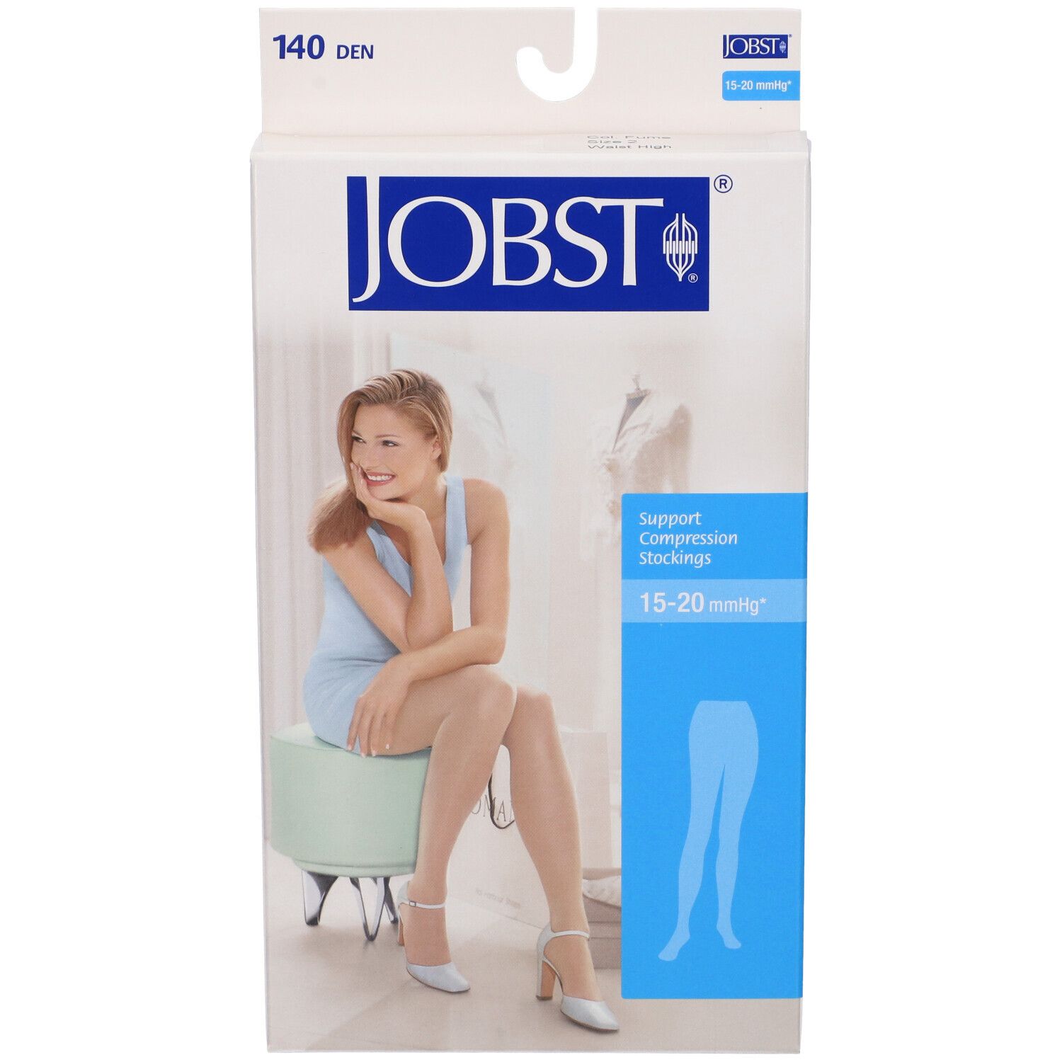 Confezione JOBST. Scritta: 140 DEN, logo JOBST, calze a compressione 15-20 mmHg. Donna seduta su sgabello, indossa calze.