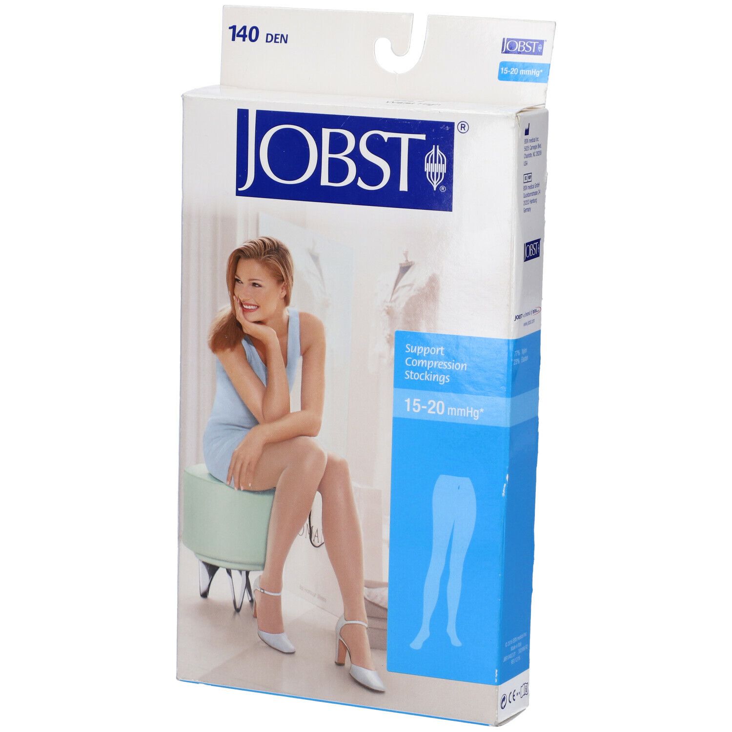Confezione Jobst. Calze a compressione 140 Den, 15-20 mmHg. Donna seduta su sgabello. Immagine del prodotto.