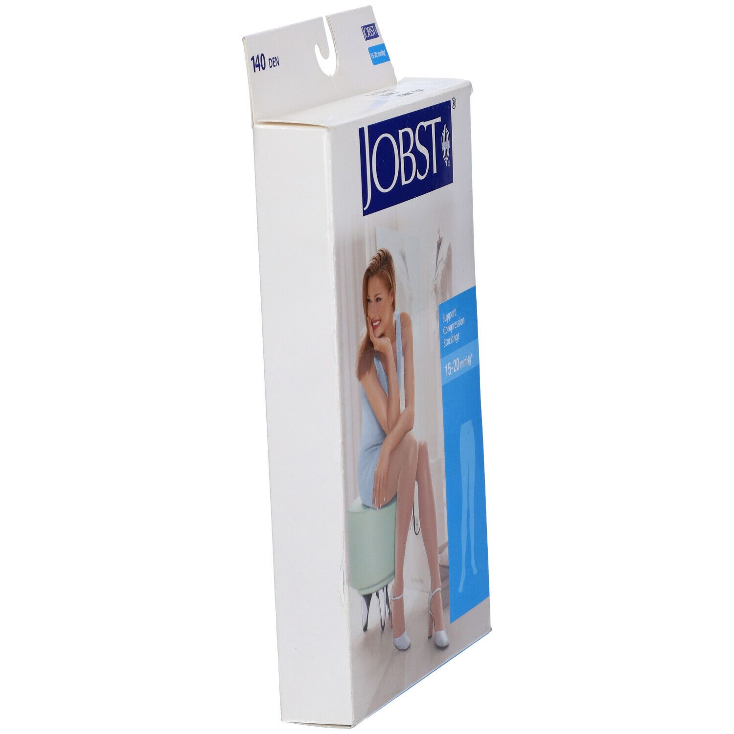 Confezione Jobst. Calze a compressione 140 Den, 15-20 mmHg. Vista laterale. Immagine del prodotto.
