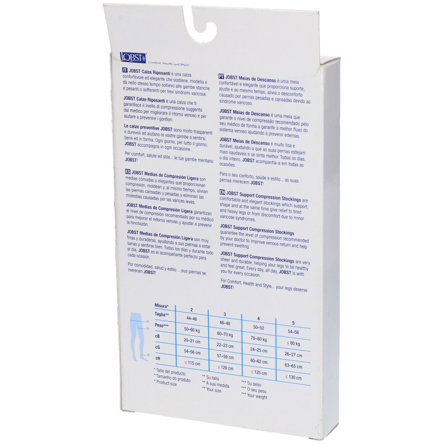 Confezione Jobst. Retro con informazioni sul prodotto e tabella taglie. Testo multilingue.