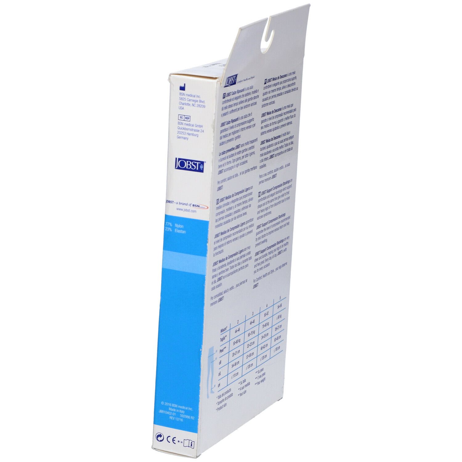 Confezione Jobst. Vista laterale con informazioni sul prodotto e testo. Testo multilingue.