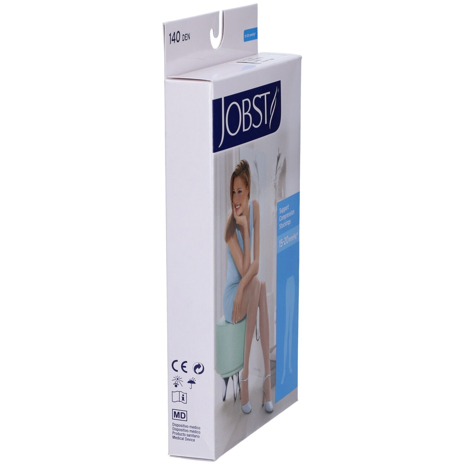 Confezione Jobst, vista laterale. Calze compressive. 140 DEN, 15-20 mmHg. Marchio CE e pittogrammi.
