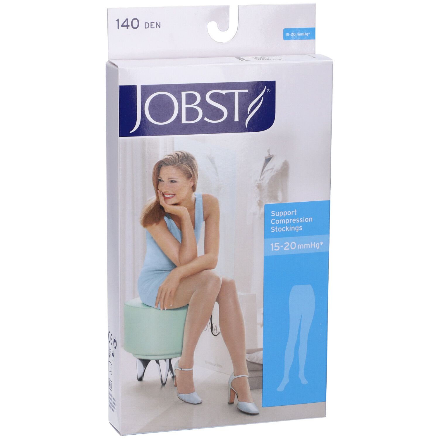 Confezione Jobst con calze compressive. Donna seduta. 140 DEN, 15-20 mmHg. Immagine del prodotto.
