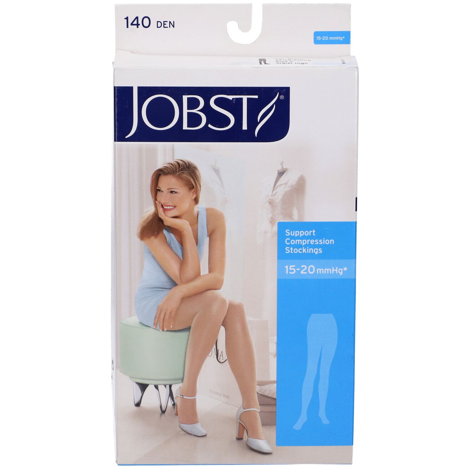 Jobst Collant Velato 140D Noir Misura 5. Confezione con donna che indossa calze. 140 DEN, 15-20 mmHg.