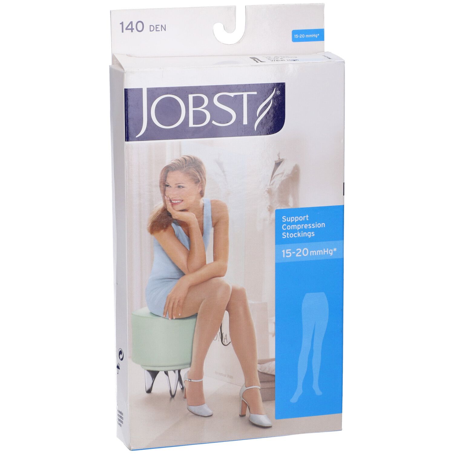 Jobst Collant Velato 140D Noir Misura 5. Confezione con donna che indossa calze. 140 DEN, 15-20 mmHg.