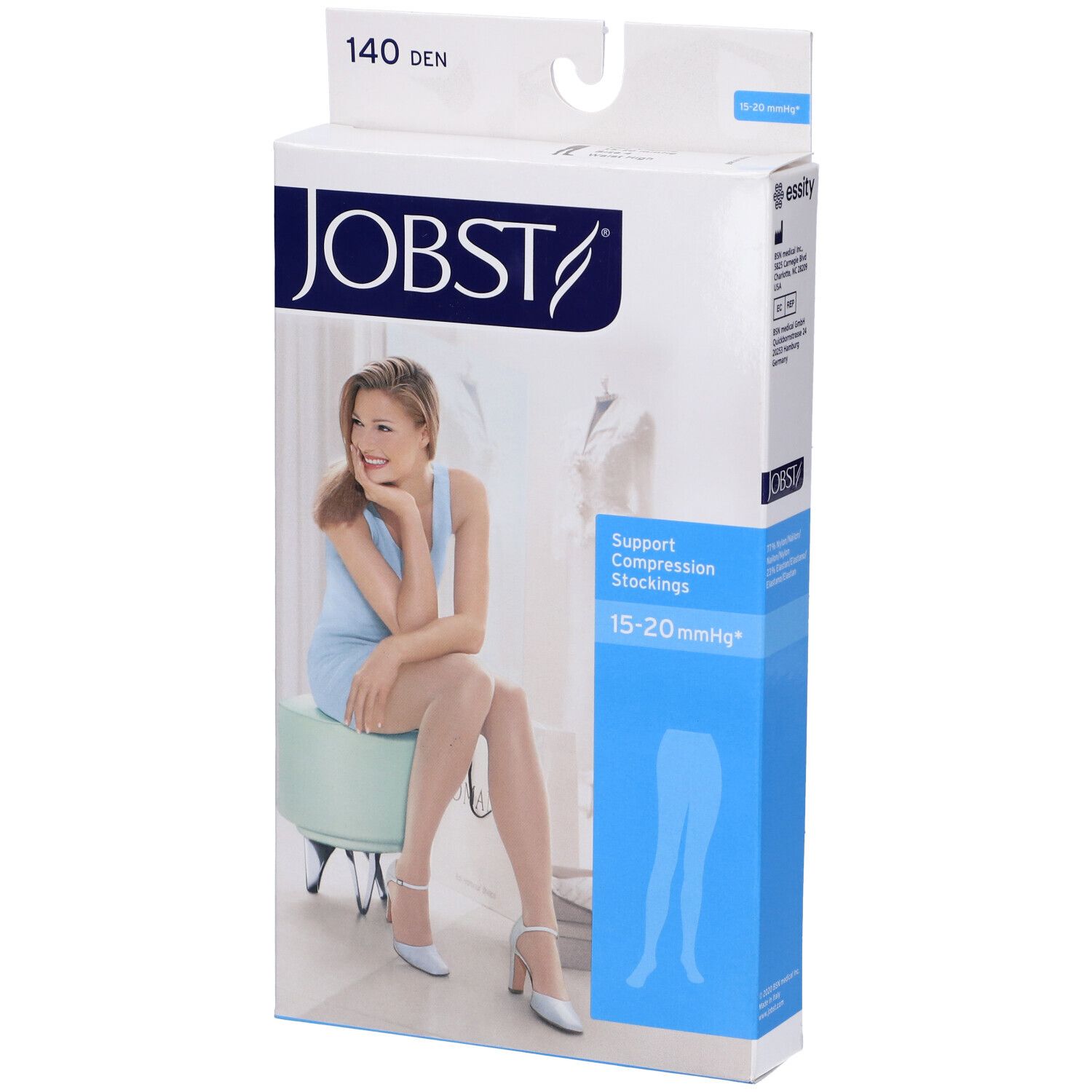 Confezione JOBST con logo e immagine del prodotto. Scritto: 140 DEN, calze a compressione 15-20 mmHg. Donna seduta con calze.