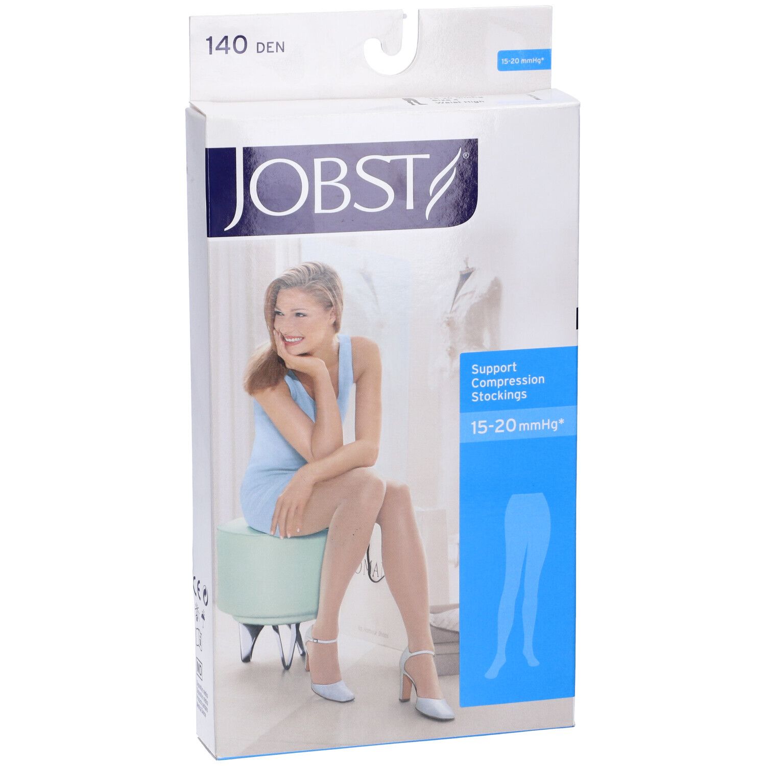 Confezione JOBST con logo e immagine del prodotto. Scritto: 140 DEN, calze a compressione 15-20 mmHg. Donna seduta con calze.