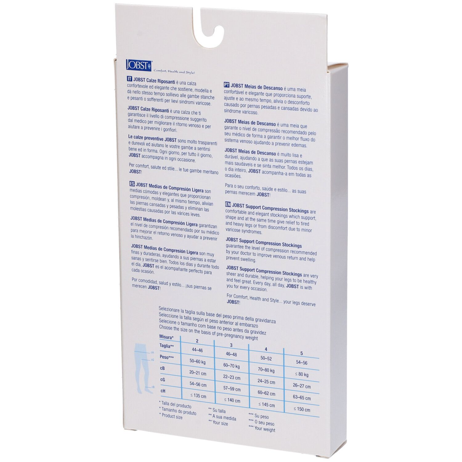 Retro della confezione JOBST. Testo multilingue. Tabella delle taglie per calze a compressione.