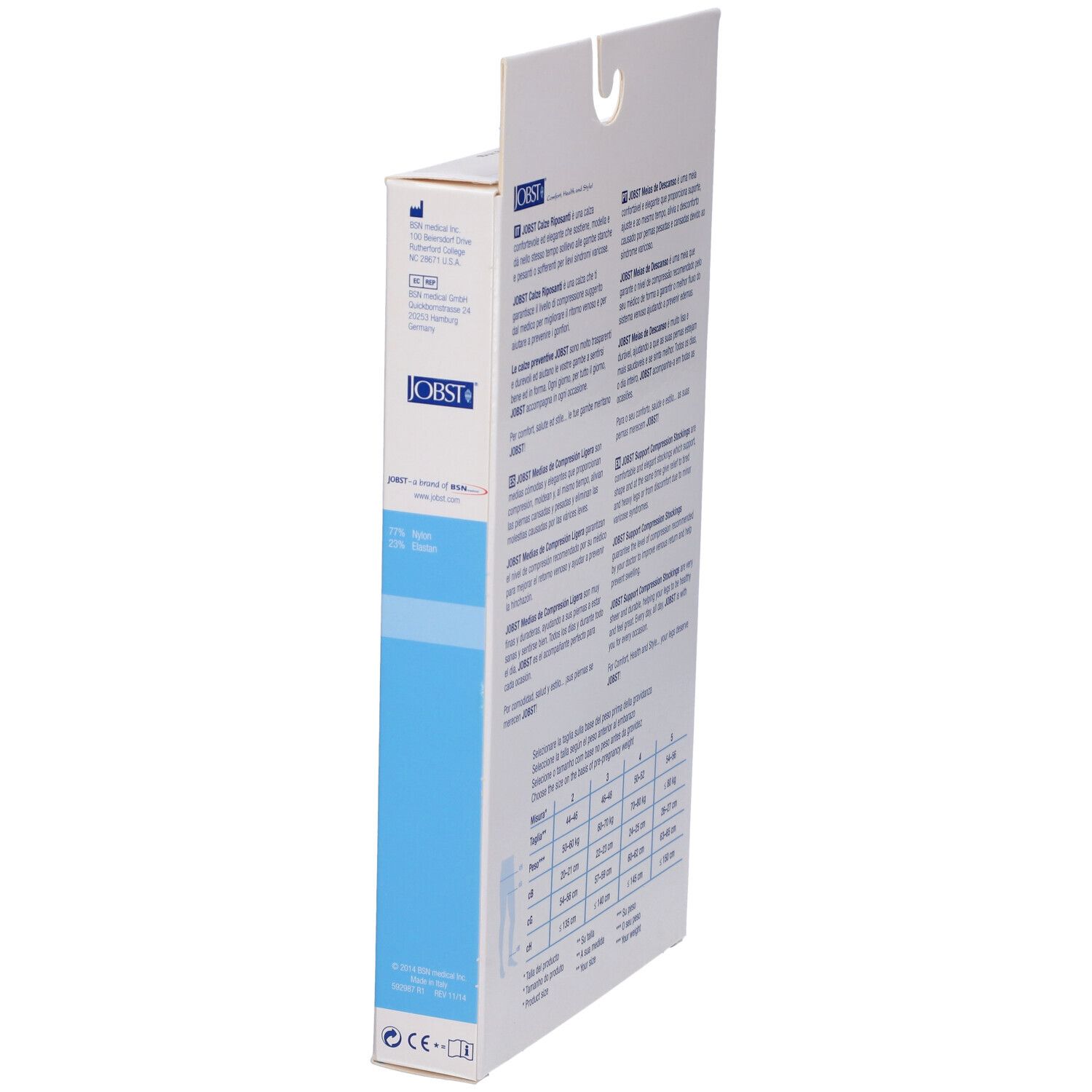 Vista laterale della confezione JOBST. Testo multilingue. Tabella delle taglie per calze a compressione.