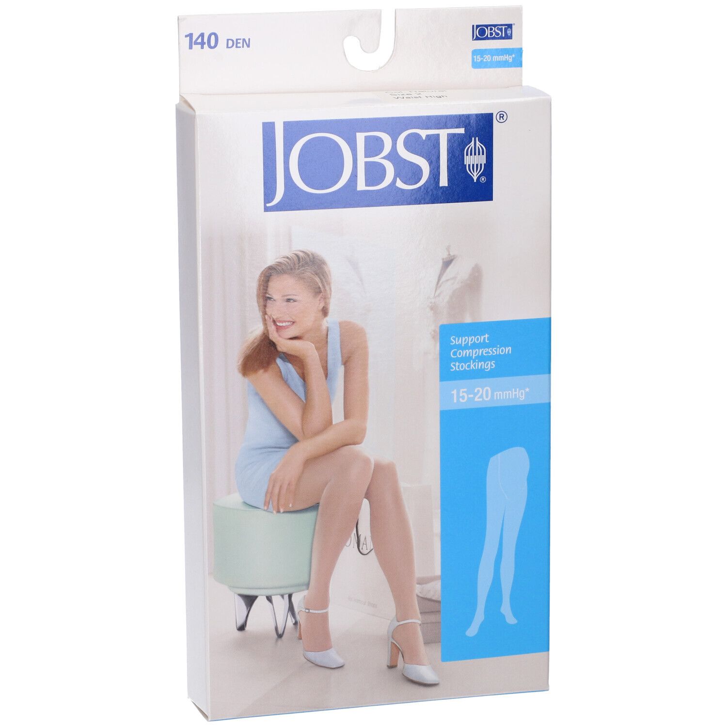Confezione JOBST con calze a compressione. Scritto: 15-20 mmHg, beige. Donna seduta su uno sgabello.