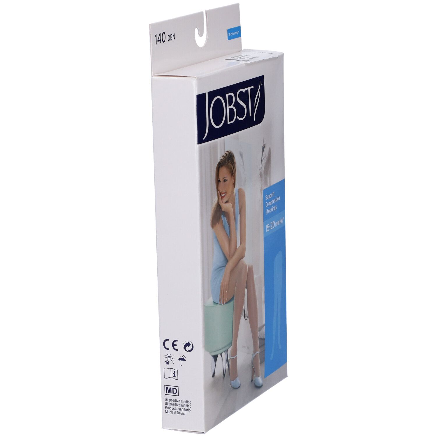 Vista laterale della confezione JOBST. Logo, nome prodotto, donna con calze. 15-20 mmHg.