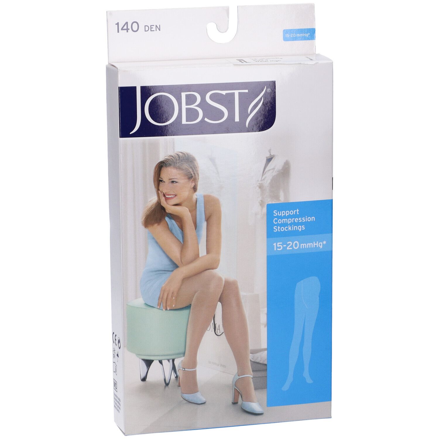 Confezione JOBST. Donna con calze, nome prodotto, 15-20 mmHg, illustrazione calze.