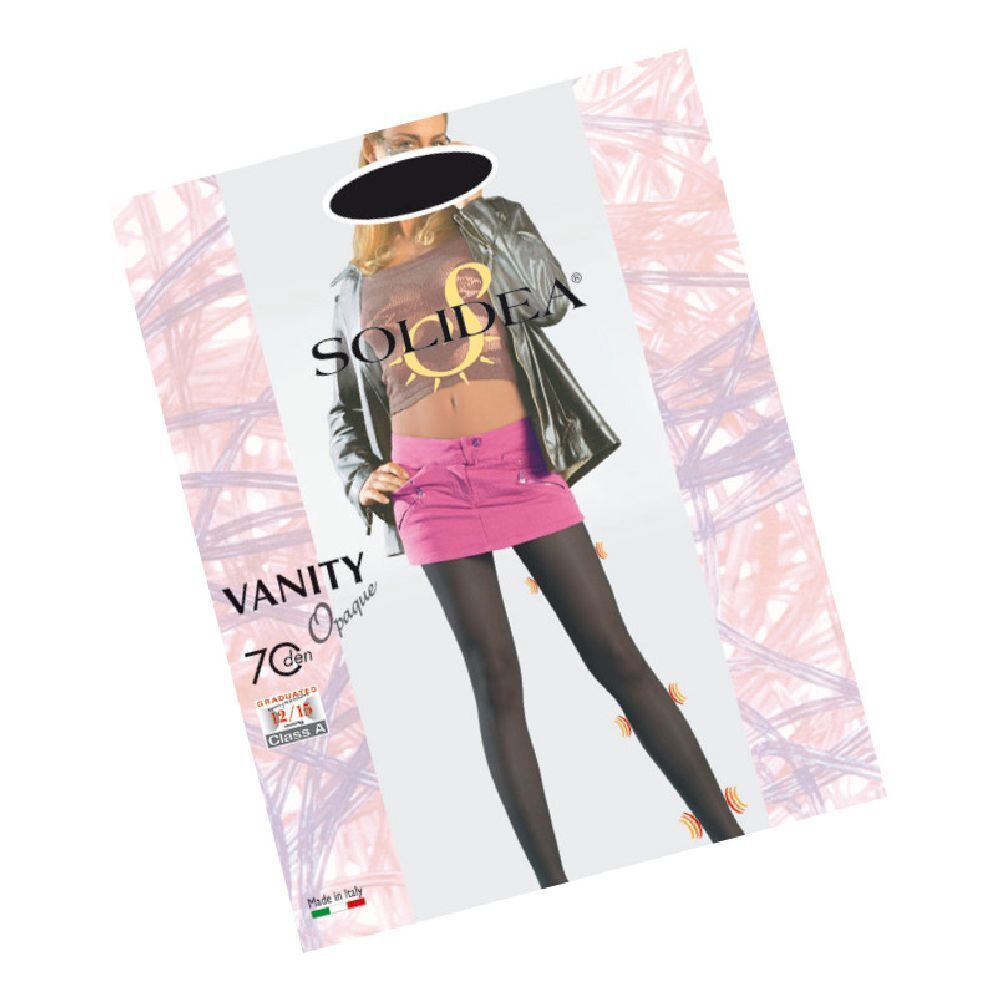 Collant nero. Sulla confezione si legge "SOLIDEA VANITY 70 Opaque". Il collant è indossato da una donna.