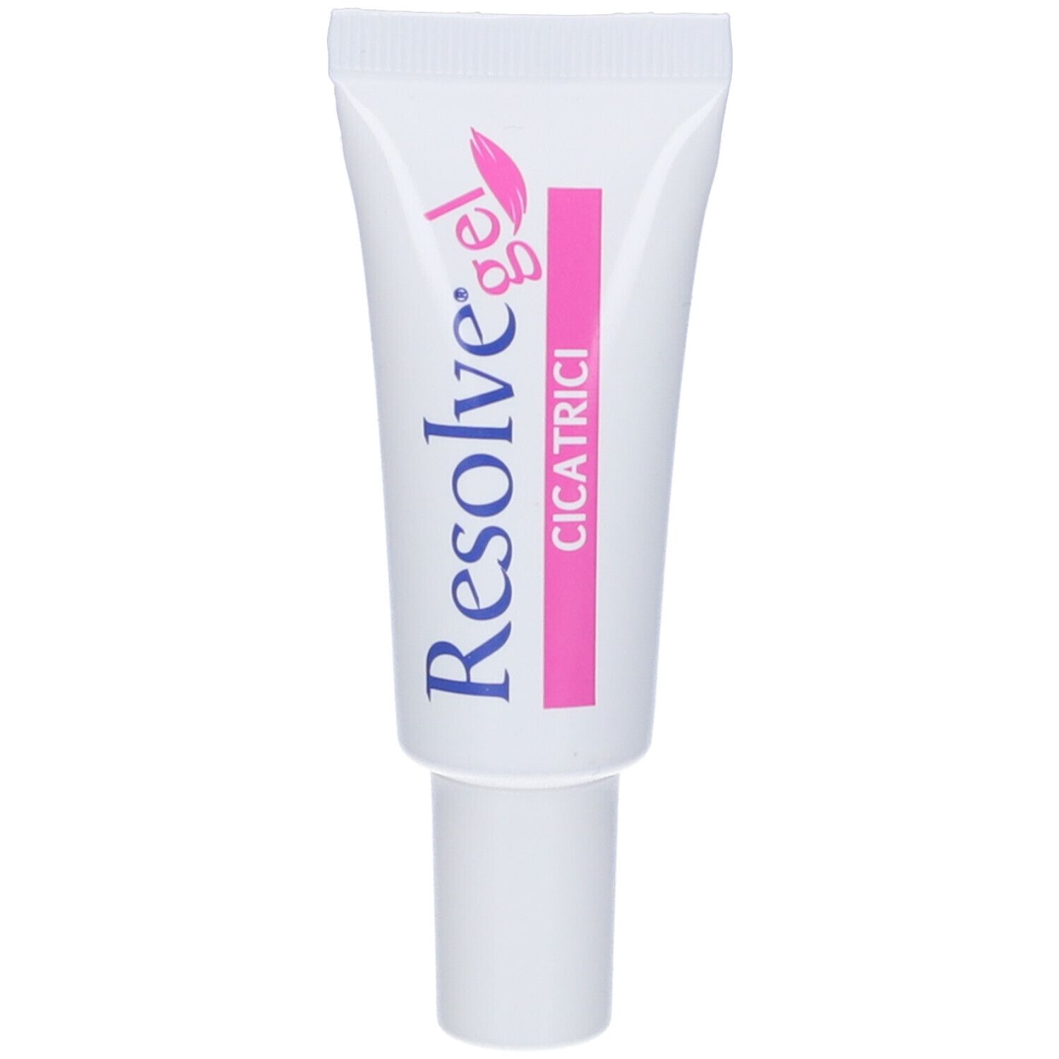 Tubo di gel Resolve, striscia rosa con scritta Cicatrici. Sfondo bianco.