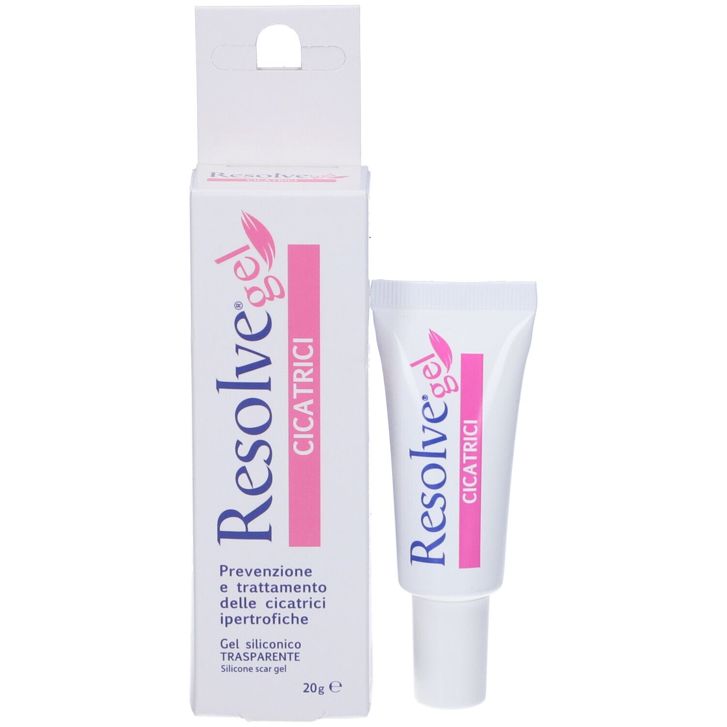 Tubo e confezione di gel Resolve. Striscia rosa con scritta Cicatrici. Sfondo bianco.