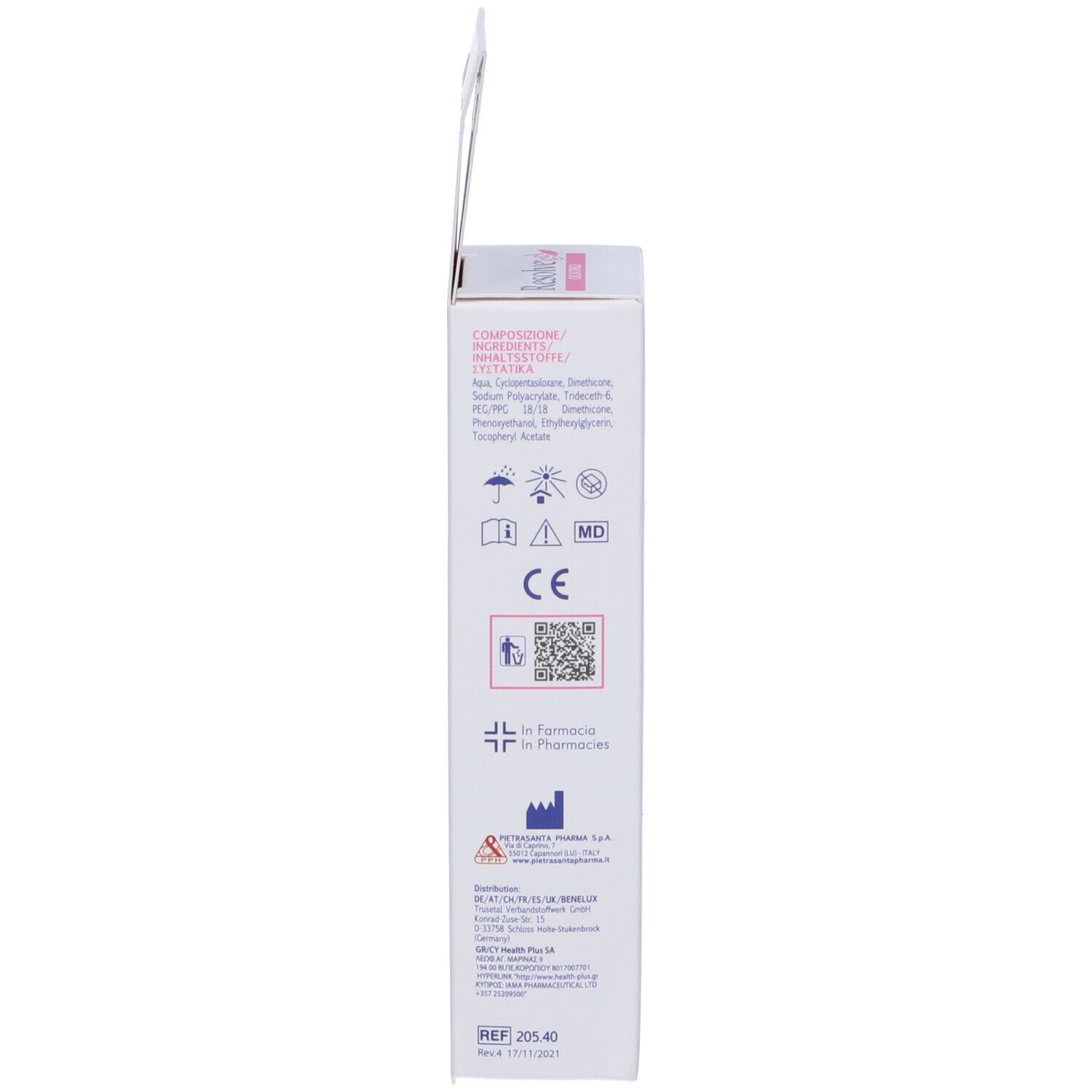 Lato della confezione di gel Resolve. Testo e simboli su sfondo bianco.