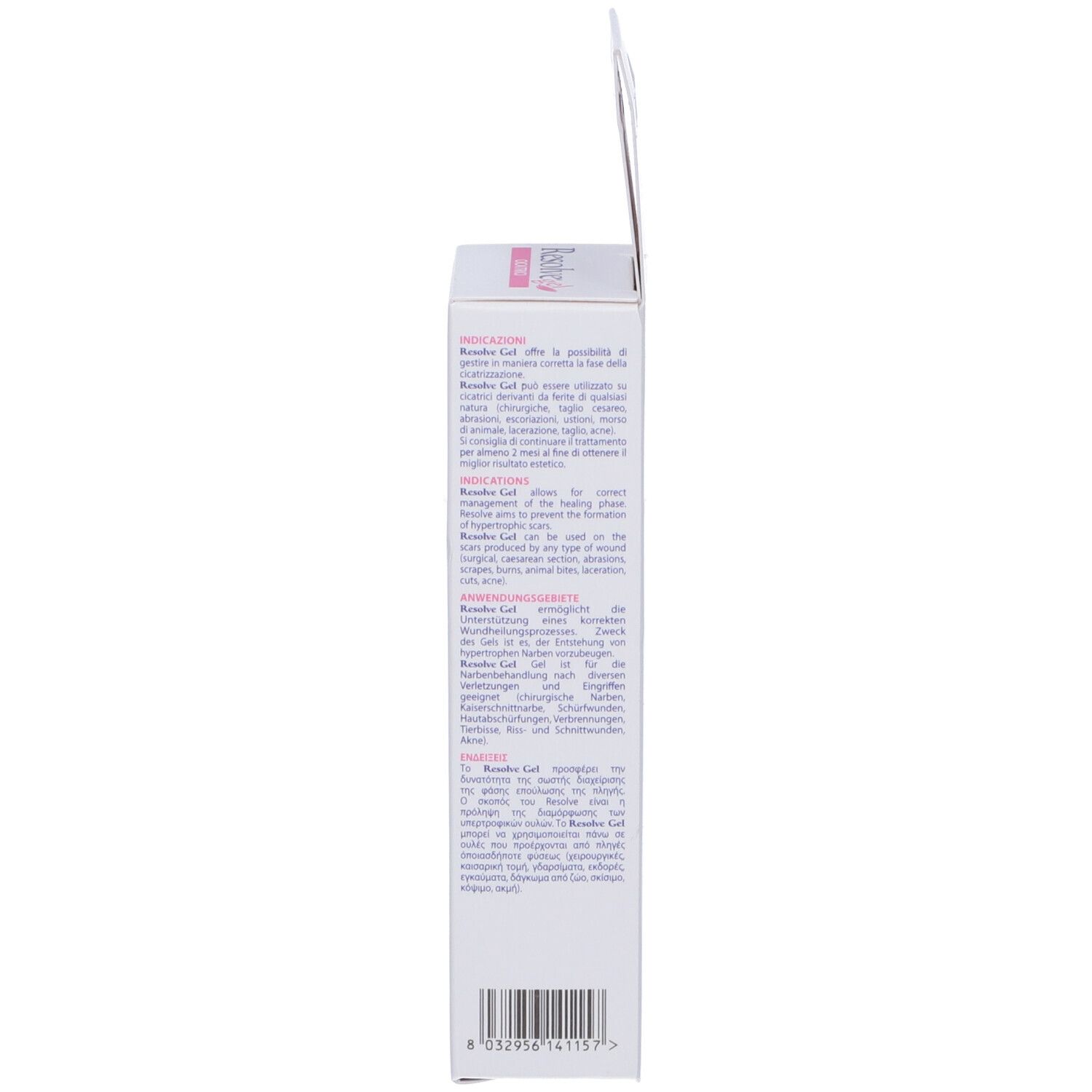 Lato della confezione di gel Resolve. Testo su sfondo bianco.