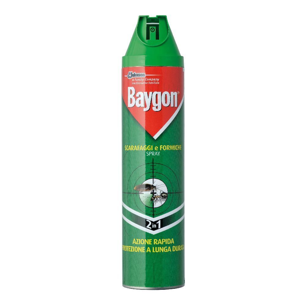 Bomboletta spray verde con logo Baygon rosso. Testo: Scarafaggi e Formiche Spray. Azione 2 in 1. Tappo verde.