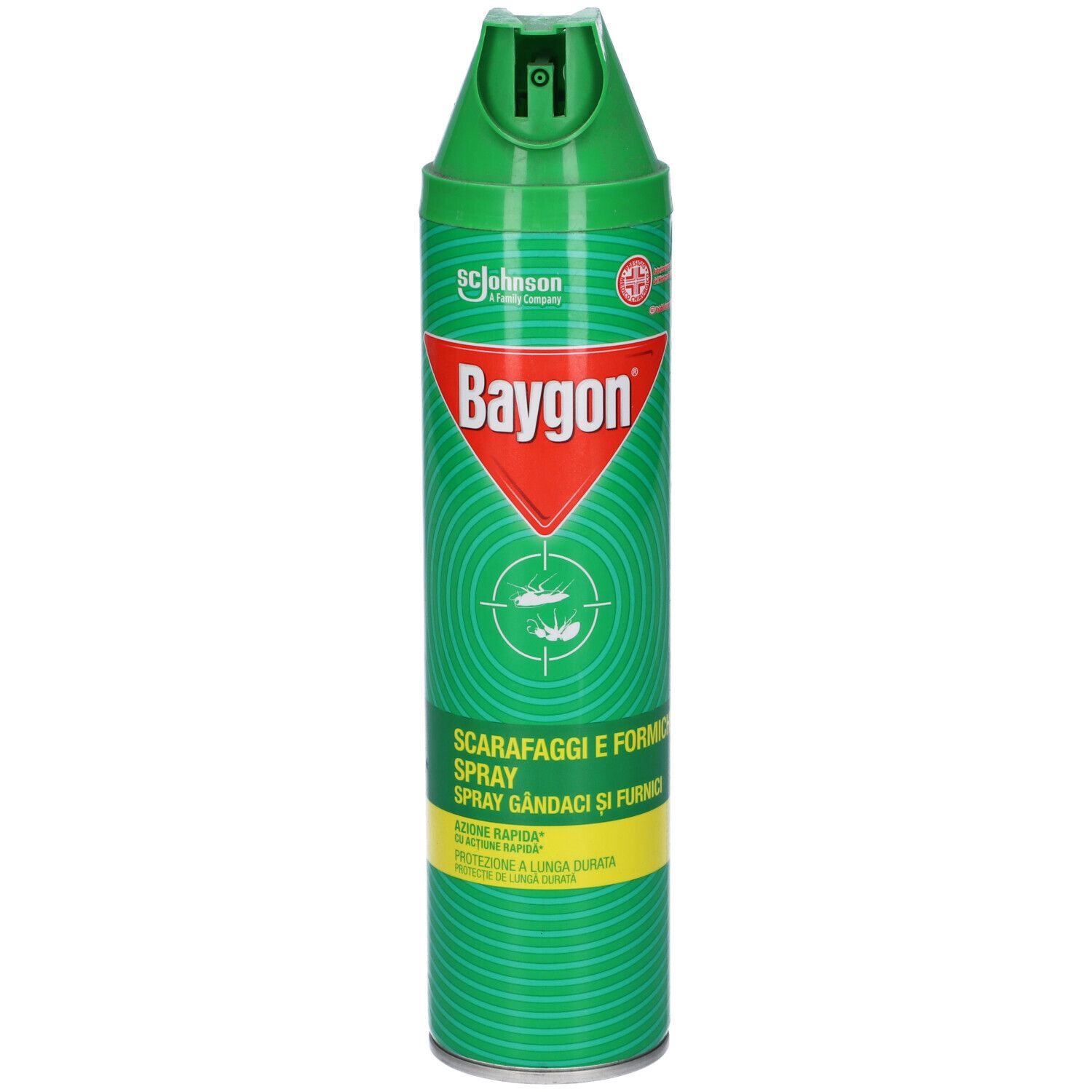 Bomboletta spray verde con logo Baygon rosso. Testo: Scarafaggi e Formiche Spray. Striscia gialla con testo. Tappo verde.