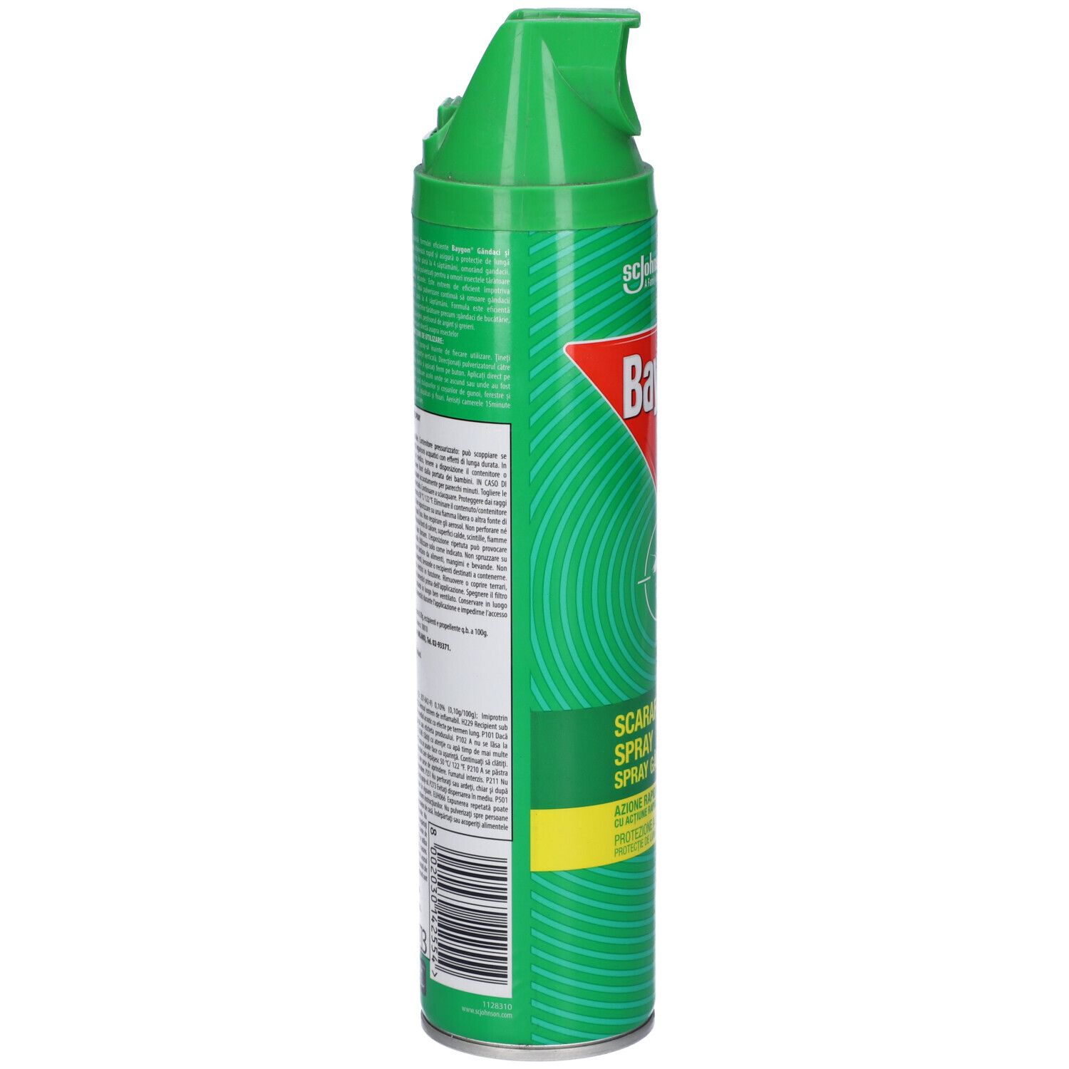 Bomboletta spray verde, retro con testo e simboli. Tappo verde. Avvertenze e informazioni testuali.
