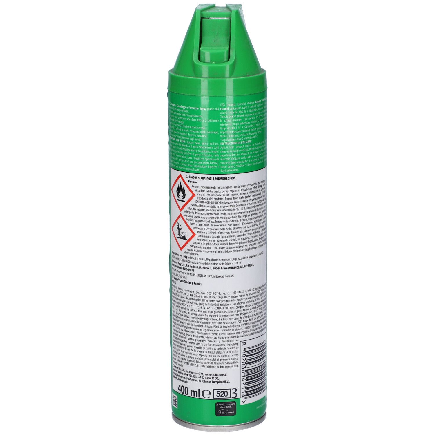 Bomboletta spray verde, retro con testo e simboli. Tappo verde. Avvertenze e informazioni testuali.