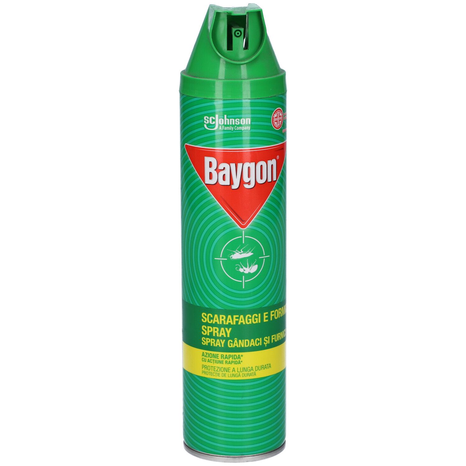 Bomboletta spray verde con logo Baygon rosso. Testo: Scarafaggi e Formiche Spray. Striscia gialla con testo. Tappo verde.