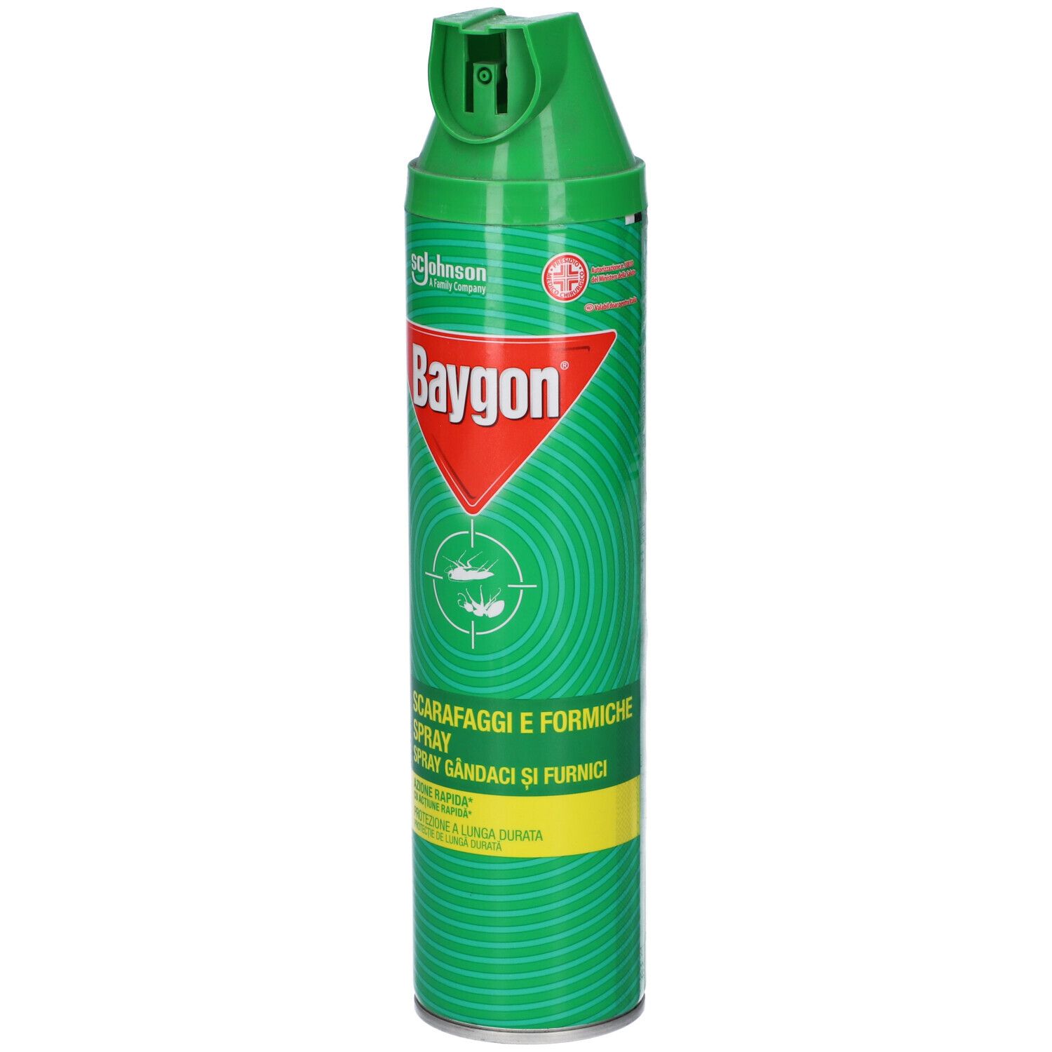Bomboletta spray verde con logo Baygon rosso. Testo: Scarafaggi e Formiche Spray. Striscia gialla con testo. Tappo verde.
