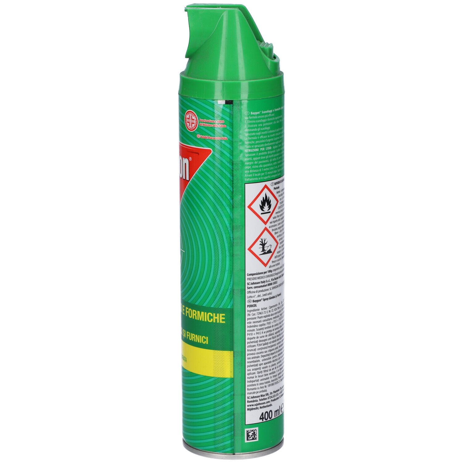 Bomboletta spray verde, vista laterale con testo e logo. Tappo verde. Testo: Scarafaggi e Formiche. Striscia gialla.