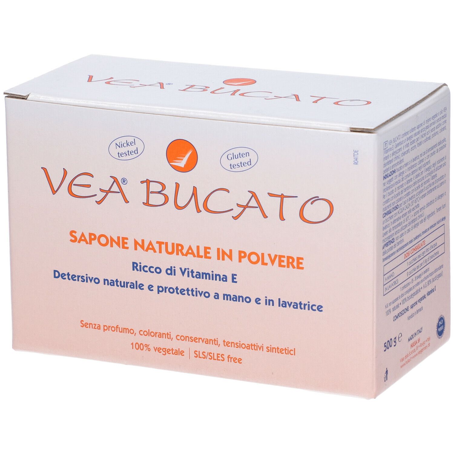 Scatola di polvere VEA Bucato. Scritta: Sapone Naturale in Polvere, Ricco di Vitamina E. Testato nichel e senza glutine.