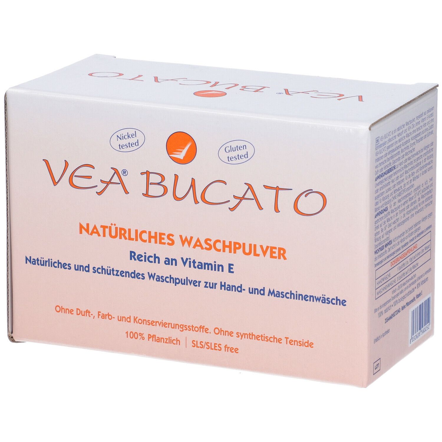 Scatola di polvere VEA Bucato. Scritta: Detersivo naturale, Ricco di Vitamina E. Testato nichel e senza glutine.