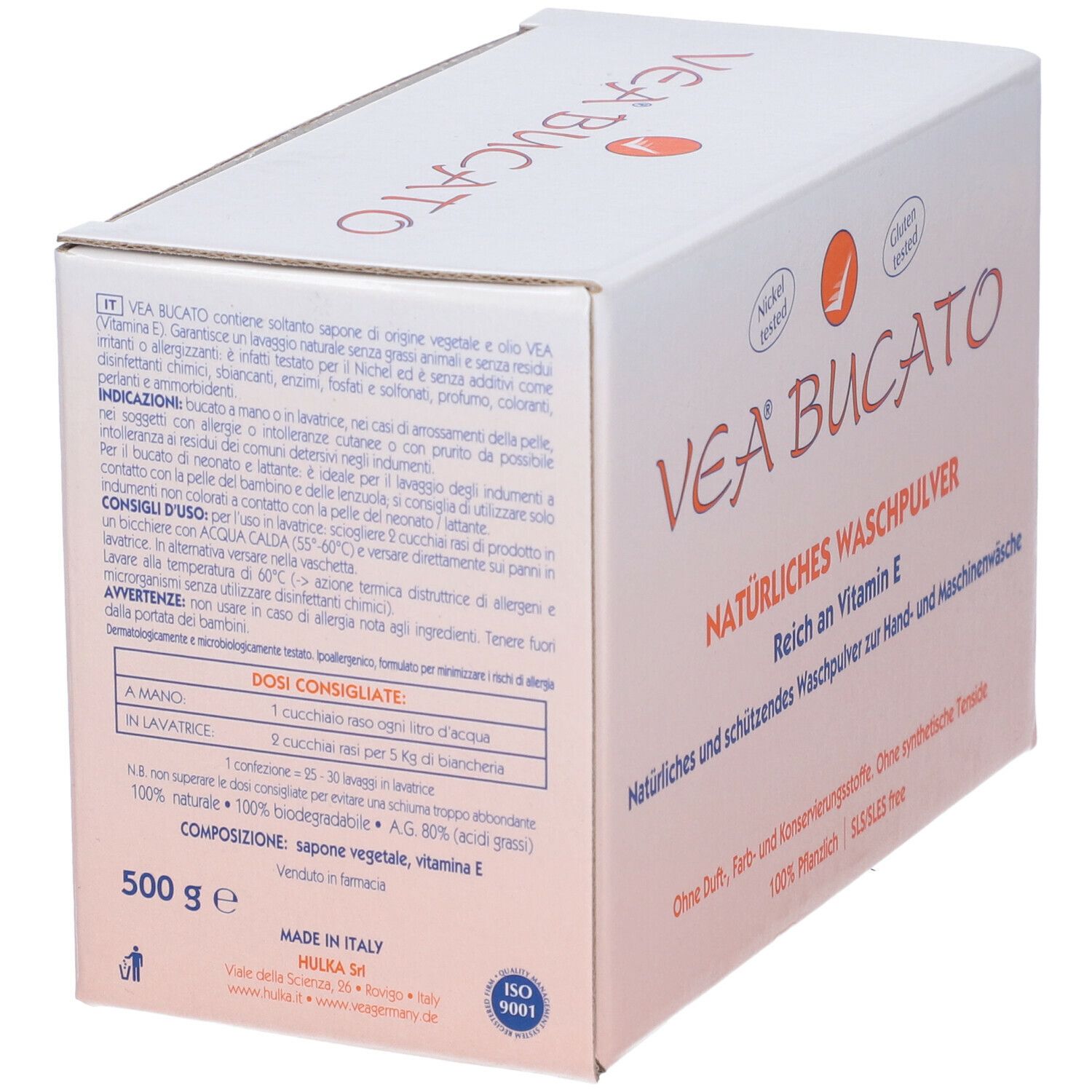 Scatola di polvere VEA Bucato. Scritta: Detersivo naturale, Ricco di Vitamina E. Testato nichel e senza glutine.