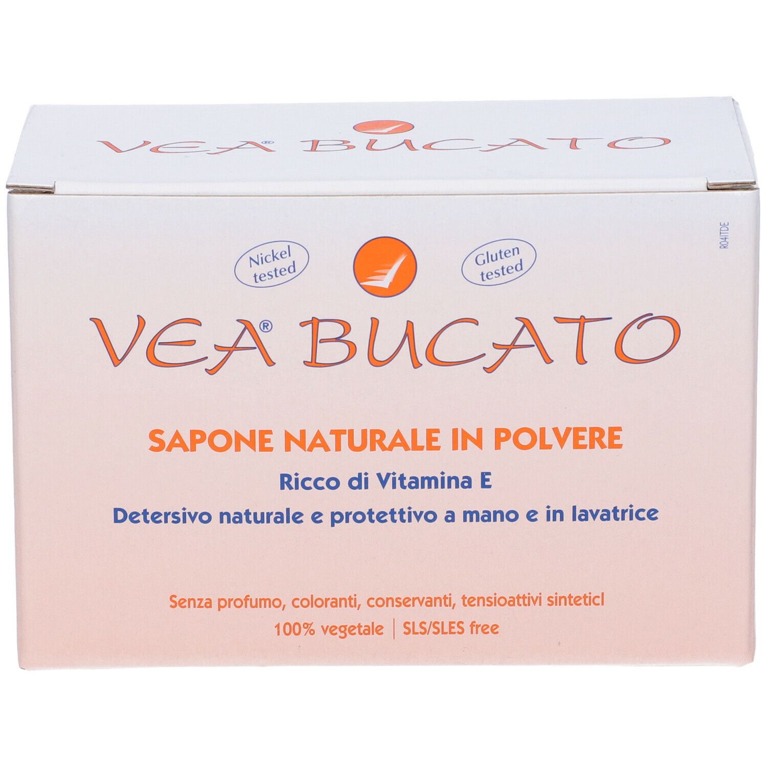 Scatola di polvere VEA Bucato. Scritta: Sapone Naturale in Polvere, Ricco di Vitamina E. Testato nichel e senza glutine.