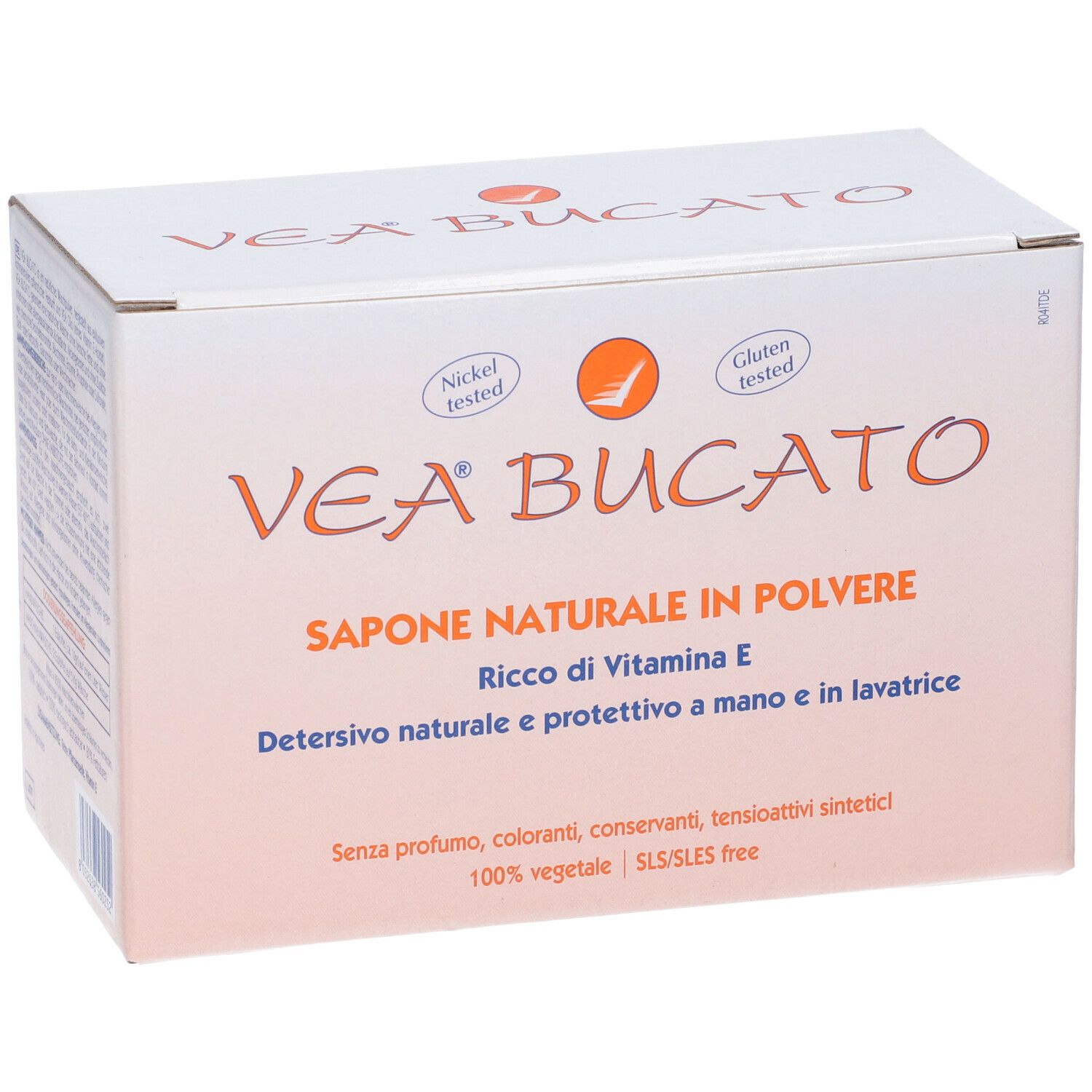 Scatola di polvere VEA Bucato. Scritta: Sapone Naturale in Polvere, Ricco di Vitamina E. Testato nichel e senza glutine.