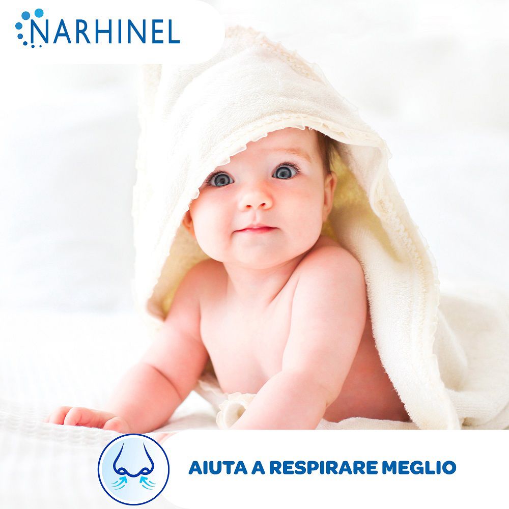 Baby mit Handtuch. Text: Aiuta a respirare meglio. Logo Narhinel.