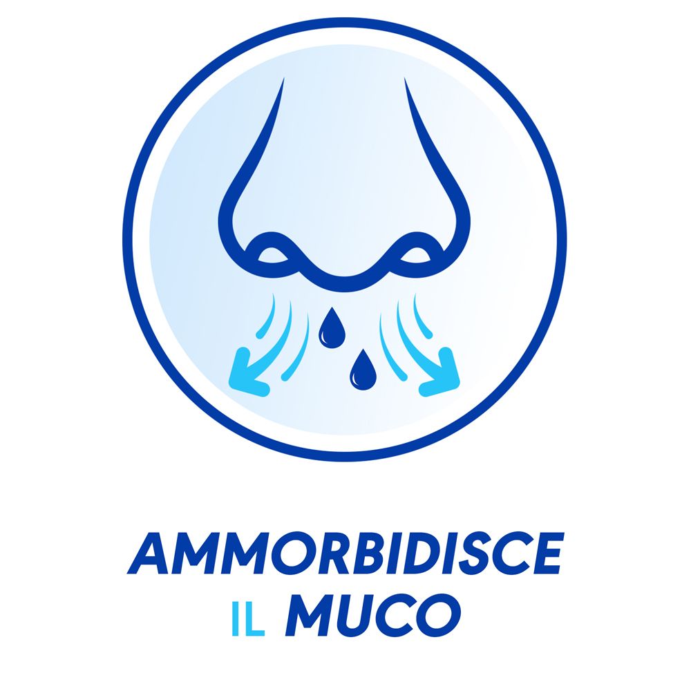Kreisförmiges Logo mit Nasen-Illustration und Tröpfchen. Text: Ammorbidisce il muco.