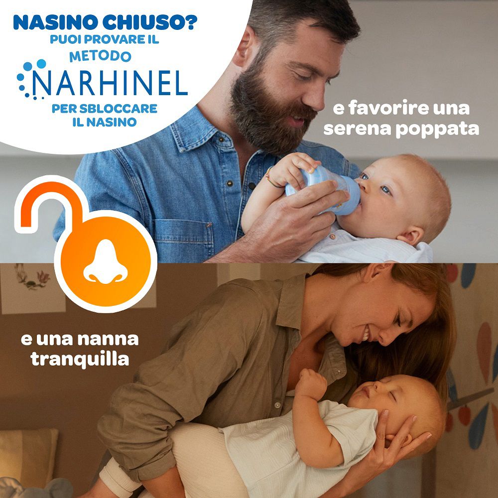 Mann füttert Baby. Text: Nasino chiuso? Logo Narhinel. Text: e favorire una serena poppata. Frau hält Baby. Text: e una nanna tranquilla.