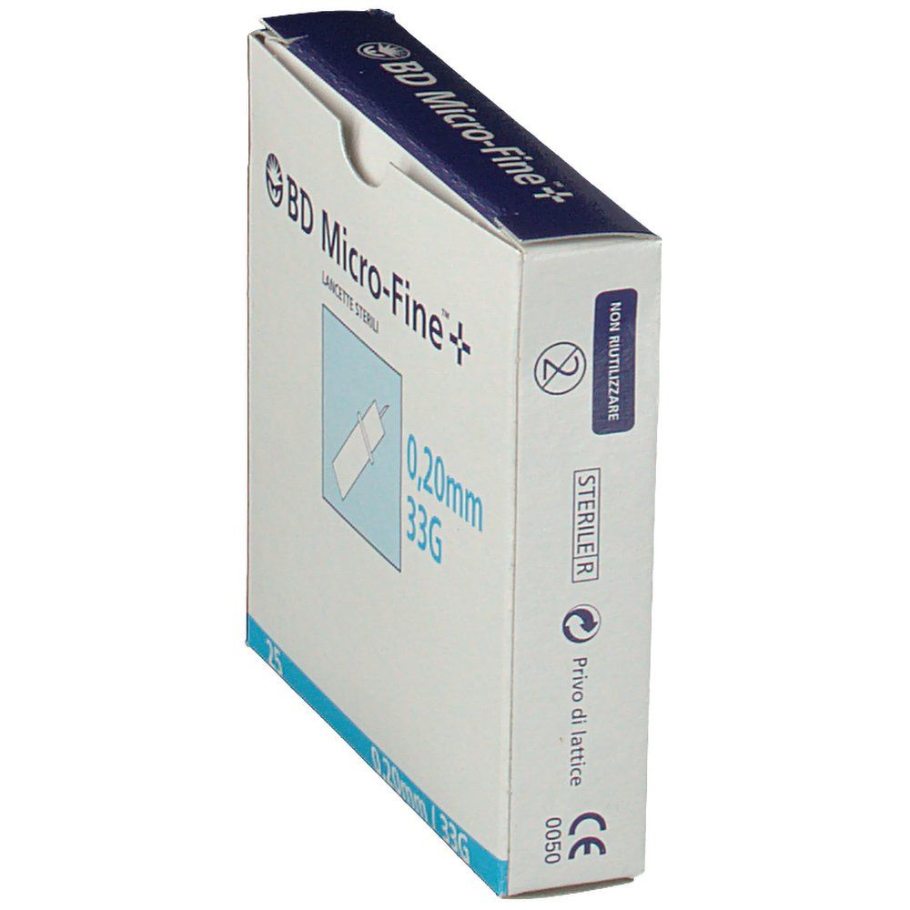 Scatola di lancette BD Micro-Fine+ G33. Scritte: 0,20 mm 33G, sterile, senza lattice. Confezione blu e bianca.