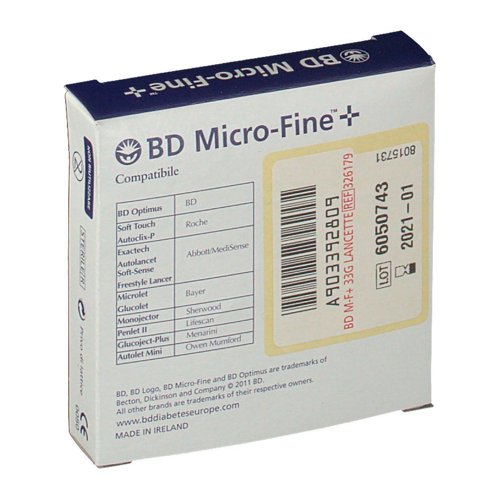 Confezione di lancette BD Micro-Fine+ G33. Scritte: Compatibile, numero di lotto, data di scadenza. Confezione bianca.
