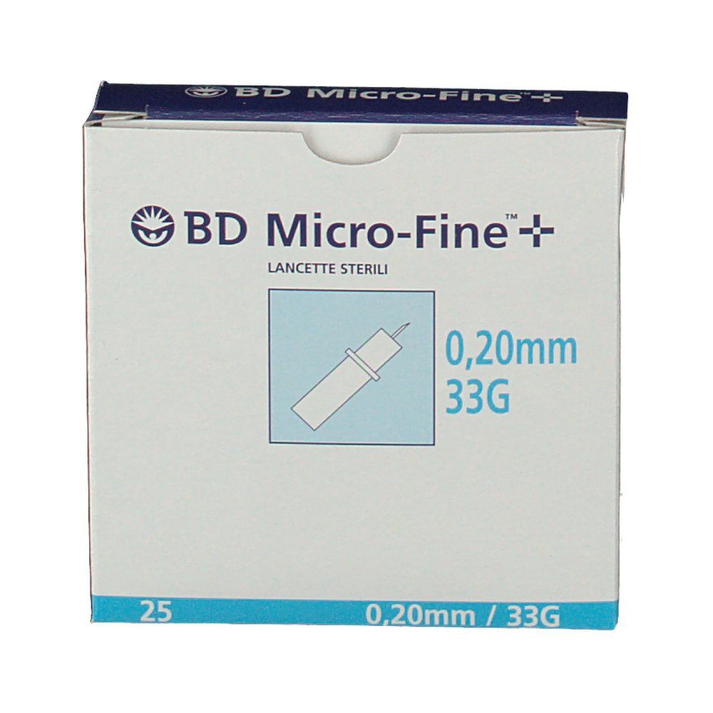 Scatola di lancette BD Micro-Fine+ G33. Scritte: 0,20 mm 33G, sterile. Confezione bianca con immagine del prodotto.