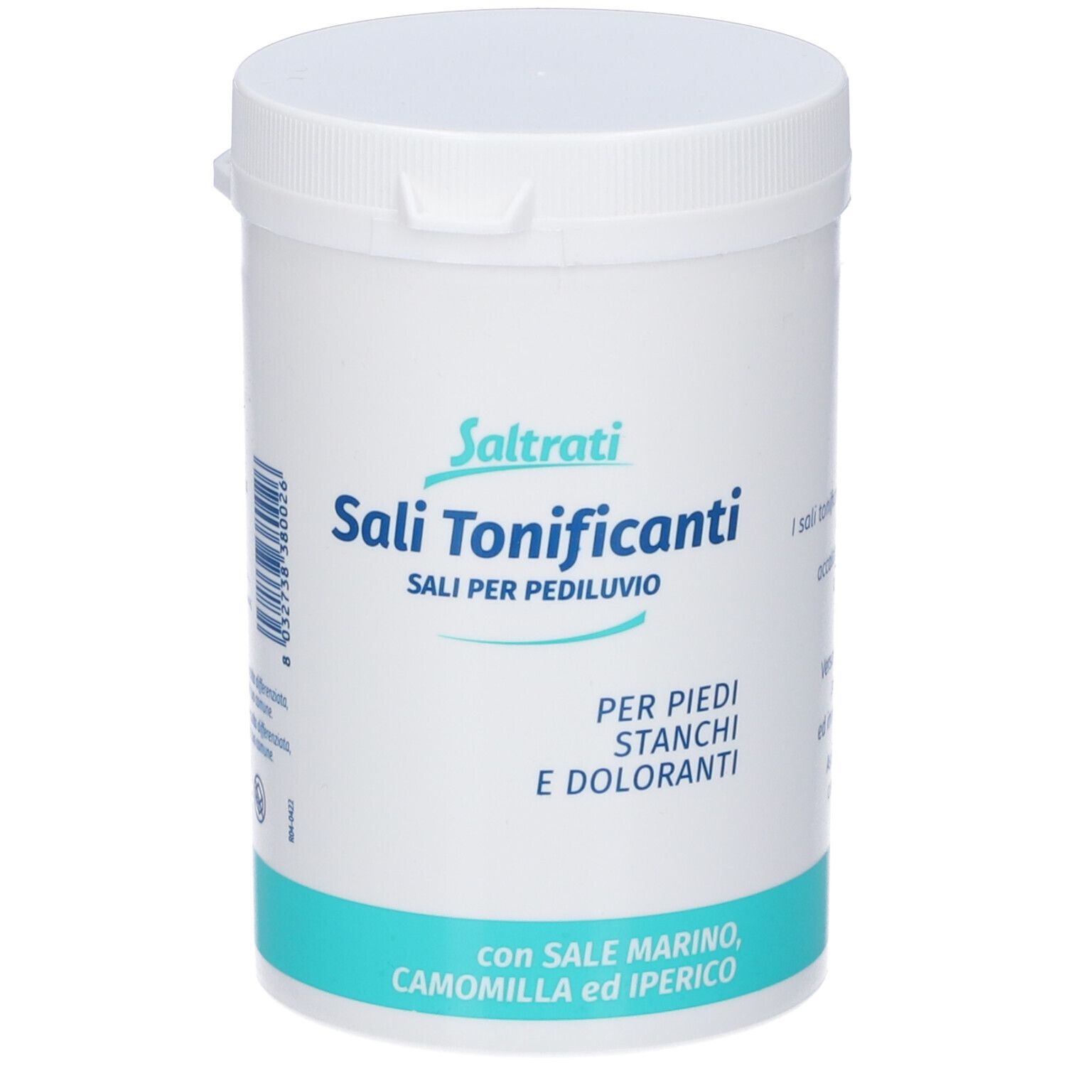 Weißer Behälter mit Deckel. Aufschrift: Saltrati Sali Tonificanti. Text: Per piedi stanchi e doloranti. Mit Meersalz, Kamille und Johanniskraut.