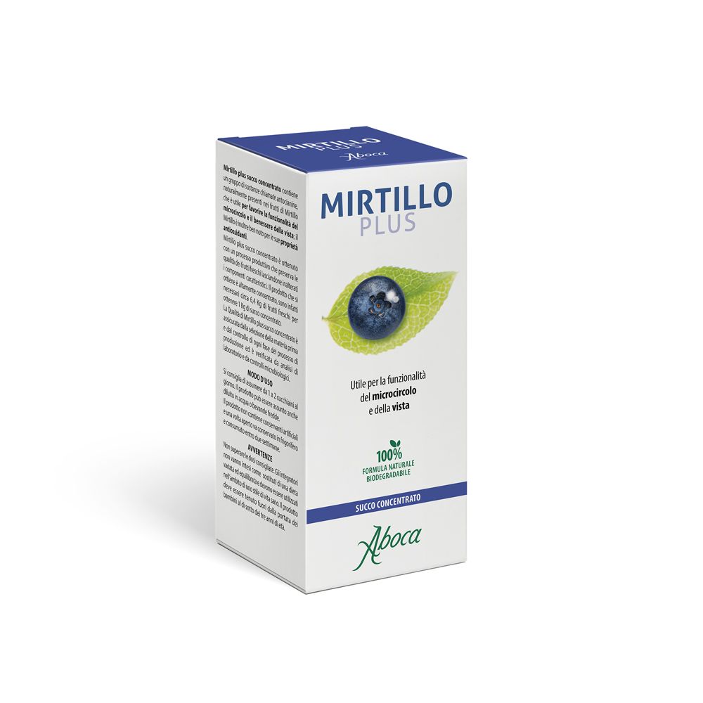 Weißer Karton mit Produktaufdruck. Blaubeere-Abbildung und Text: Mirtillo Plus. Marke: Aboca. 100% Formel, biologisch abbaubar.