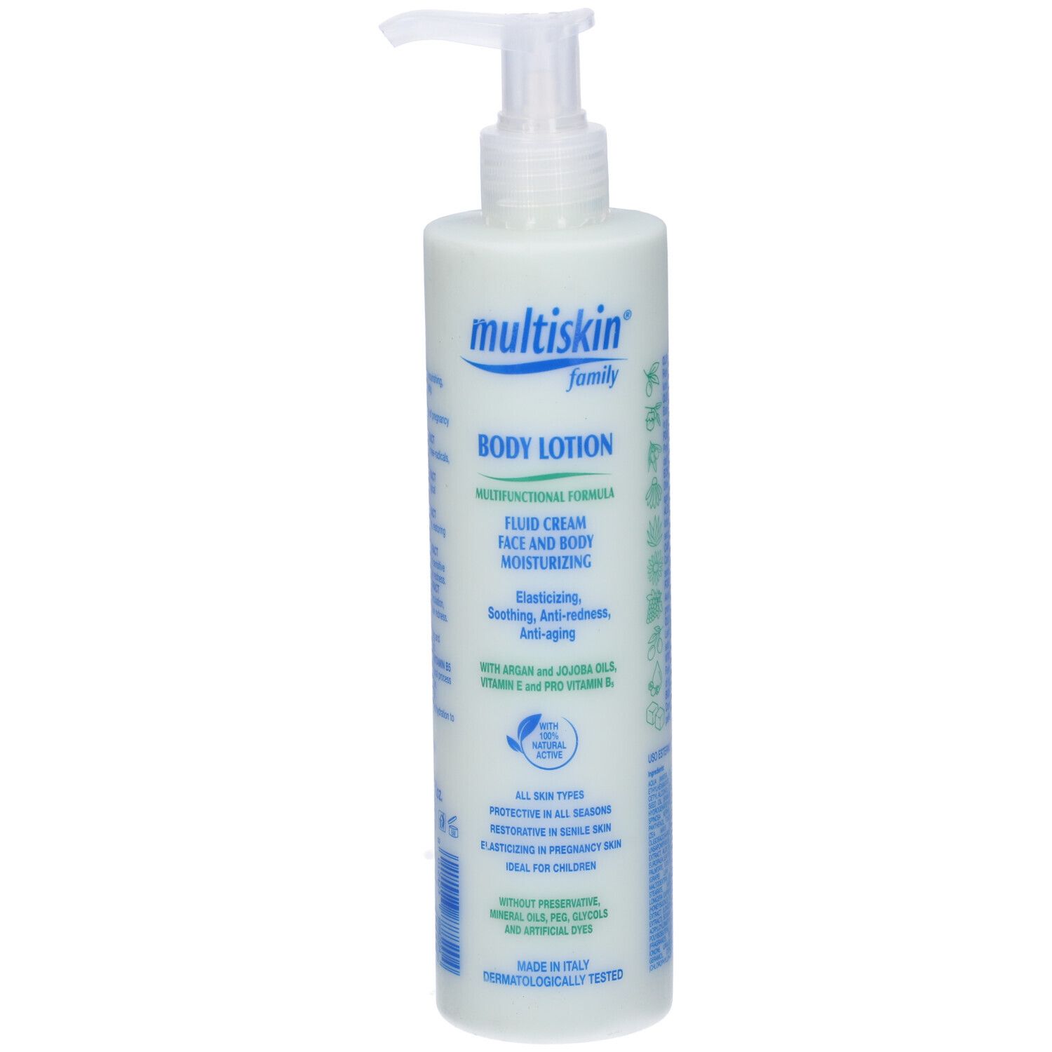 Emulsione crema con dosatore. Scritta: Multiskin family. Testo in italiano.