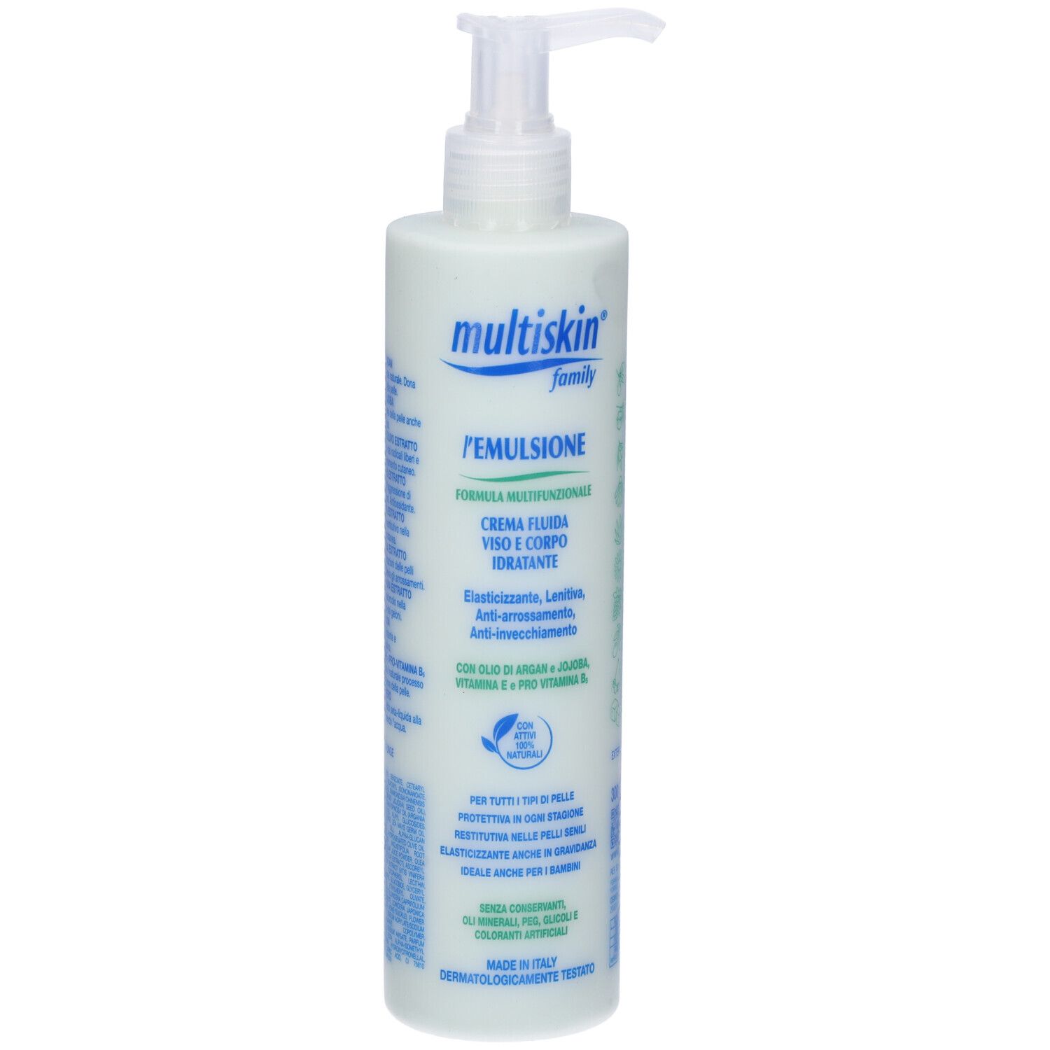 Emulsione crema con dosatore. Scritta: Multiskin family. Testo in italiano.